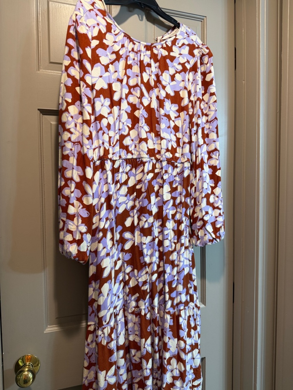 Compañia Fantastica Floral Tiered Midi Dress in Rust and Lilac